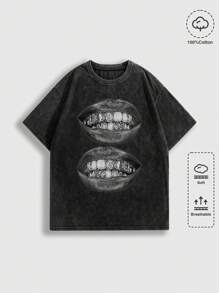 ROMWE Street Life 朋克街头风格随机雪花唇印图案 T 恤 - 黑色 - 查看 1