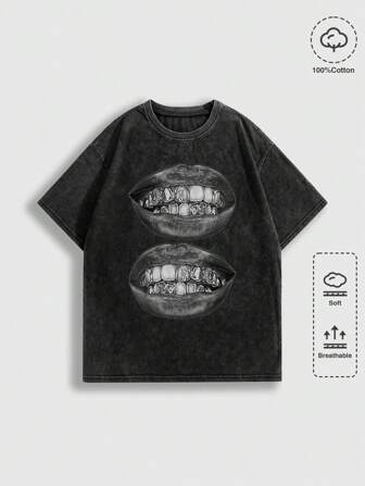 Street Life Camiseta gráfica con estilo callejero punk con impresión aleatoria de copos de nieve y labios