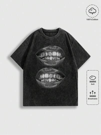 Street Life Punk Straßen Stil zufälliges Schneeflocken Lippen Muster Grafik T-Shirt