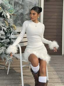 SHEIN EZwear 女士秋冬圣诞两件套女士白色针织毛皮拼布休闲优雅修身毛衣和迷你裙套装 - 白色 - 查看 1
