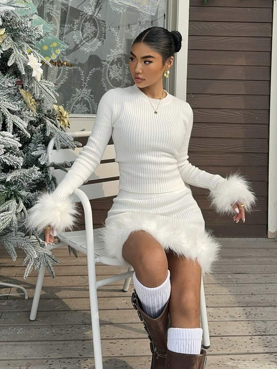 SHEIN EZwear 女士秋冬圣诞两件套女士白色针织毛皮拼布休闲优雅修身毛衣和迷你裙套装 - 白色 - 查看 1