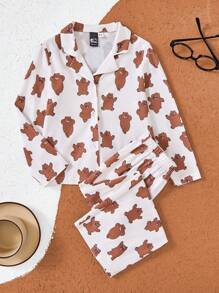 We Bare Bears X SHEIN Young Girl Cartoon All-Over Print Lapel Collar Shirt & Pants Pajama Set - White - View 1