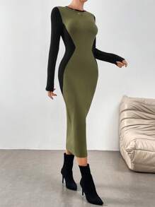 Mulvari 1 pieza Vestido de punto ajustado con bloque de color y empalmes para mujer, estilo urbano para el otoño/invierno