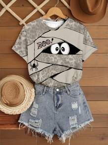 SHEIN LUNE Camiseta casual con estampado de rayas, araña, fantasma y leopardo, tallas grandes, para verano y otoño