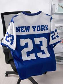 Manfinity Campus Court Men Jersey Shirt Casual Contrast Color Splicing Numeral Graphic Print Short Sleeve Athletic T-Shirt, For Going Out, For Friends