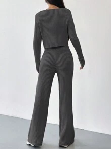SHEIN EZwear Autumn And Winter 2pcs/Set Women V-Neck Button Decor Contrast Color Long Sleeve Top And Knitted Long Pants Sweater Suit - Dark Grey - View 2