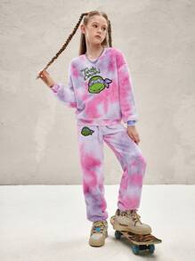 TEENAGE MUTANT NINJA TURTLES | SHEIN Tween Girl Cartoon Turtle Graphic Tie-Dye Oversized Teddy Sweatshirt & Pants Set