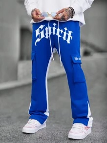 Manfinity Homme Letter Print Contrast Color Drawstring Waist Casual Sweatpants - Blue - View 6