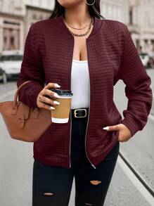 Calvaya Plus Size Textured Zip Up Casual Jacket For Autumn Fall Winter Cloth For Women - Burgundy - View 3