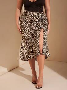 SHEIN BAE Plus Size Fall Elegant Sexy Sweet Woman Brown Leopard Print Full Pattern Print Drawstring Pleated High Slit Fishtail Midi Skirt Street Skirt Commuter Skirt Hollowed Costumes Thanksgiving Women Outfit Sexy Women Outfits Long Women Skirts