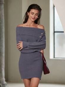EMERY ROSE Gaun Sweater Rajut Bodycon Wanita Seksi Musim Gugur/Dingin, Model Bahu Terbuka dengan Kancing dan Hiasan Kancing, Kerah Tinggi, dan Leher Tinggi. - Grey - View 1