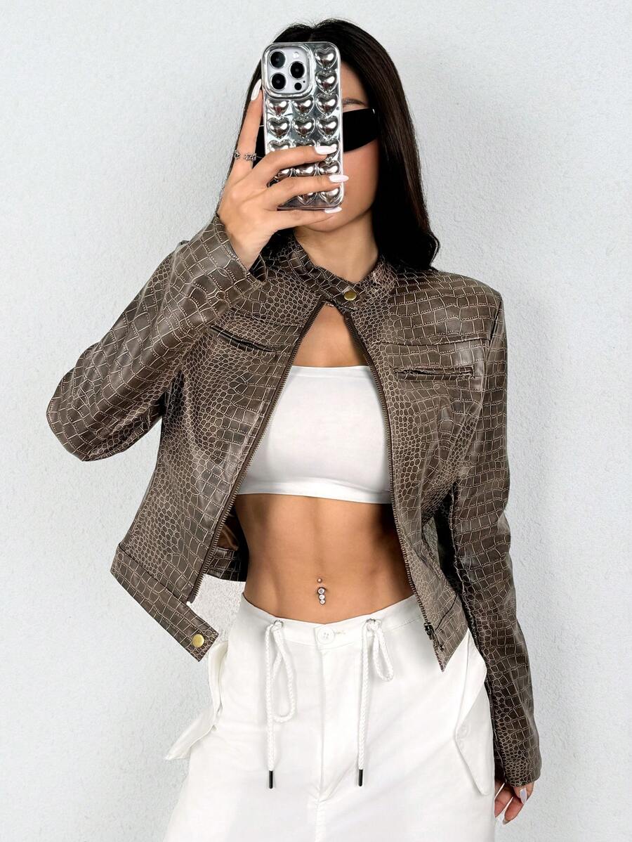 SHEIN X Belinda SHEIN EZwear 女士复古鳄鱼纹编织夹克，秋季 - 棕色 - 查看 1