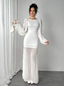 SHEIN Unity Women's Solid Color Mesh Splice Round Neck Simplistic Casual Long Dress - White - View 6