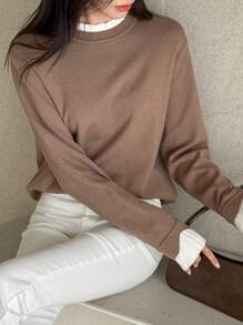 DAZY 女式双色荷叶边立领休闲宽松毛衣，长袖上衣秋季 - 棕色 - 查看 4