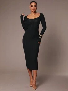 Silquee Robe noire élégante et confortable en tricot stretch, avec un design de dos nu torsadé, convenant pour les sorties et les déplacements quotidiens. Tenue parfaite pour les fêtes d'automne et d'hiver, comme Thanksgiving, Noël et le Nouvel An - Noir - Voir 6