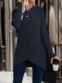 SHEIN LUNE Women's Solid Color Round Neck Long Sleeve Casual Loose T-Shirt, Autumn Fall Cloth For Women