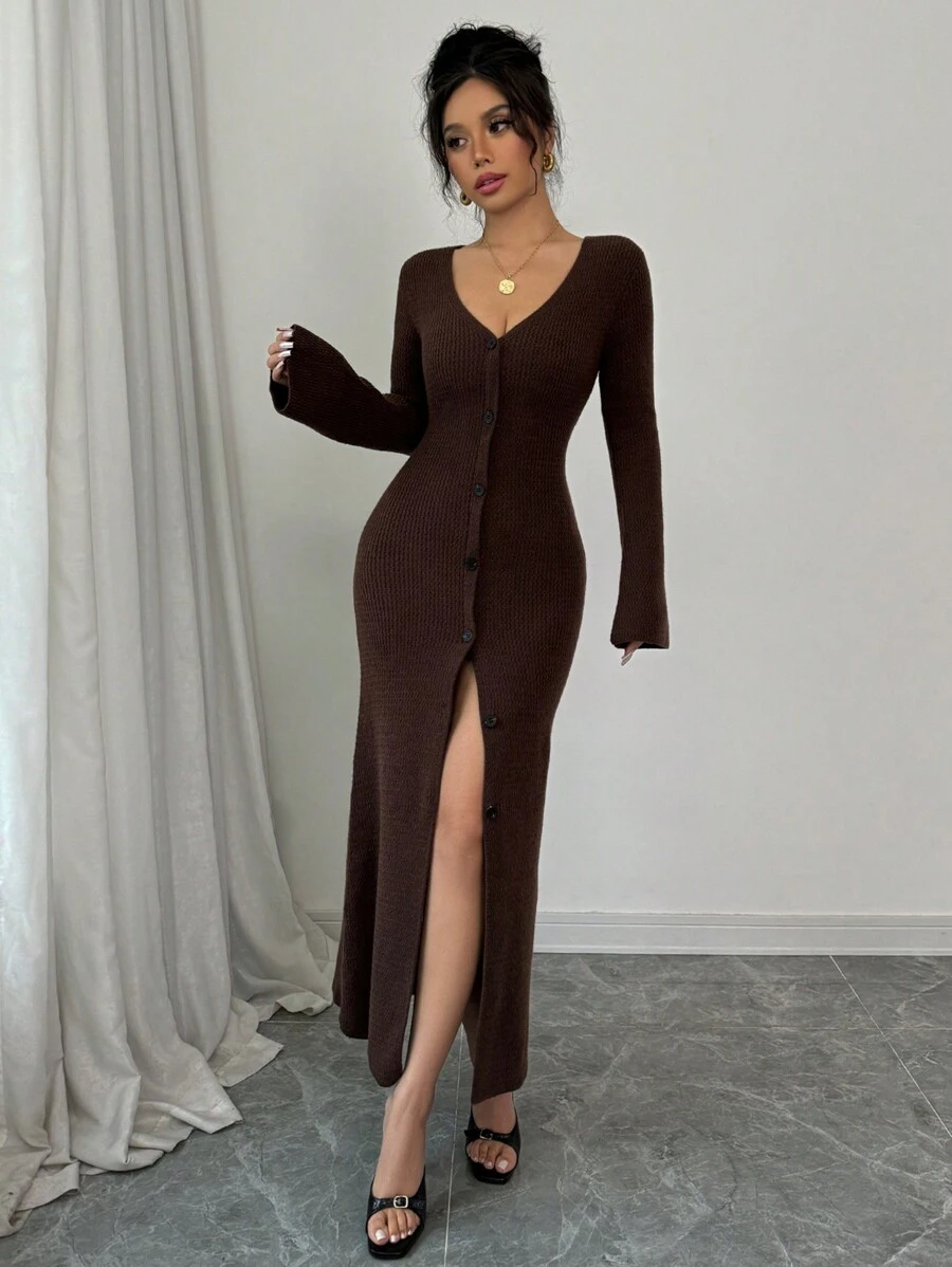 Selianne 女式前扣喇叭袖开衩至大腿毛衣连衣裙 - 棕色 - 查看 1
