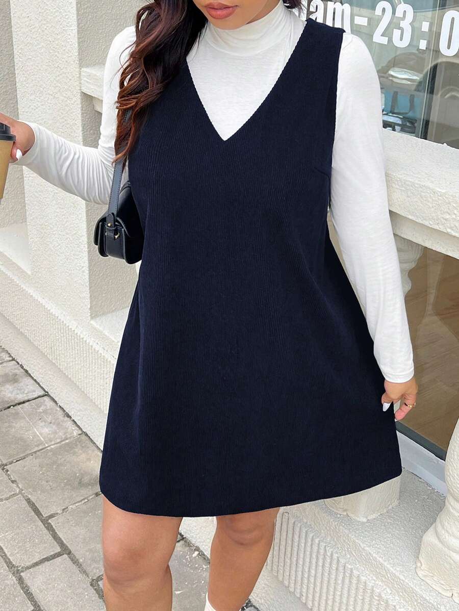 SHEIN Frenchy Plus Size Casual Corduroy Sleeveless V-Neck Dress - Navy Blue - View 1