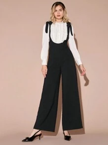 Enchnt 女士纯色宽肩带前系带连体裤，休闲日常穿着 - 黑色 - 查看 5