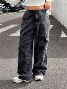 CovetEZ Plus Size Vintage Heavily Washed Street-Style Pocket Black Pants, Autumn/Winter - Black - View 7