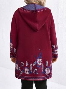 SHEIN LUNE Plus Size Retro Jacquard Red Long Sleeve Cardigan Sweater - Burgundy - View 2