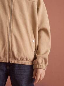 SHEIN Tween Mädchen Jacke in Khaki mit Farbblock, Fellkragen und Reißverschluss, Herbst/Winter - Khaki - Übersicht 4