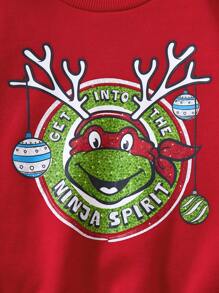 TEENAGE MUTANT NINJA TURTLES | SHEIN Young Girl Red Christmas Graphic Letter Print Casual Round Neck Long Sleeve Sweatshirt - Red - View 7