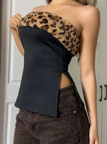 SHEIN EZwear 女士豹纹毛绒拼接露背上衣，带保暖内衬 - 彩色 - 查看 5