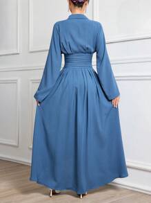 Modelyn 女式不对称下摆长裙，领口收腰优雅连衣裙长款晚礼服 - 藍色 - 查看 2