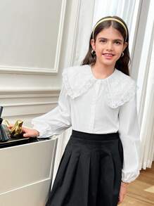 SHEIN Tween Girl Contrast Eyelet Embroidery Statement Collar Lantern Sleeve Blouse - White - View 2