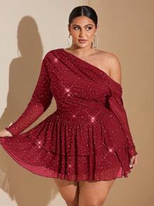SHEIN BAE Plus Size Fall Elegant Sweet Sexy Woman Shiny Sequin Mesh Asymmetrical Oblique Shoulder Long Sleeves Cascading Ruffle Hem Mini Dress Fairy Core Dress