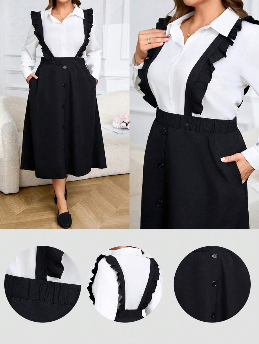 SHEIN LUNE 2pcs/Set Women Plus Size Solid Color Long Sleeve Single-Breasted Blouse And Ruffled Strap Pinafore Dress Elegant Set, Autumn - Black - View 1