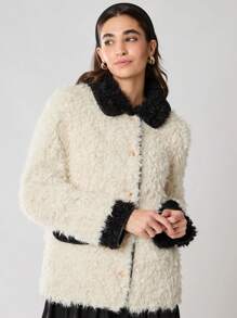 Enchnt 女士休闲宽松黑白拼色单排扣蓬松夹克，日常，工作，冬季女装，圣诞女装，