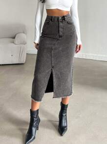 RueChic Váy denim rách thường ngày cho nữ có xẻ tà bên hông, mùa thu - Màu Xám nhạt - Xem 6