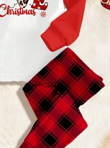SHEIN Giáng sinh, Ông già Noel dễ thương, Kẻ caro đỏ, Bộ đồ mặc nhà dài tay bằng vải nỉ tối giản giản dị cho bé gái, Vừa vặn, Thích hợp cho mùa thu đông - trắng - Xem 4