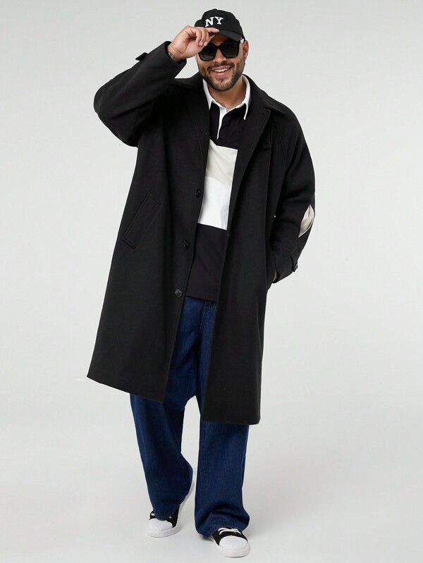 Manfinity NXTstreet Abrigo largo y holgado de manga larga y cálido para hombres de talla grande, abrigo informal de invierno de moda color negro para regalo a amigos, esposo o novio