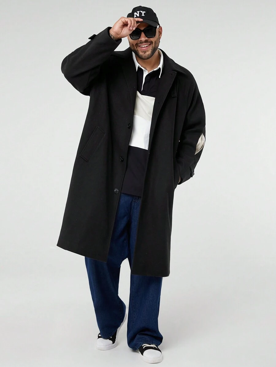 Manfinity VCAY 大码男士休闲宽松保暖长袖大衣，冬季外出时尚黑色大衣，适合朋友、丈夫、男朋友的礼物 - 黑色 - 查看 1