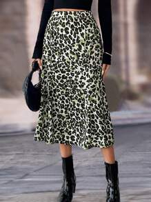 Chiquease Falda de línea A casual con estampado de leopardo para mujeres