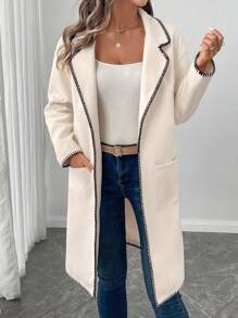 SHEIN LUNE Folding Collar Contrast Trim Ladies Casual & Work Elegant Long Coat, Warm Autumn Winter