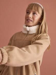 SHEIN Tween Mädchen Jacke in Khaki mit Farbblock, Fellkragen und Reißverschluss, Herbst/Winter - Khaki - Übersicht 3