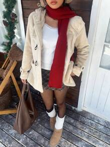 SHEIN EZwear Women's Casual Solid Color Horn Button Hooded Regular Jacket, Autumn/Winter