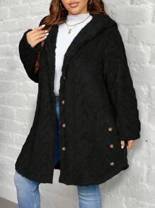 EMERY ROSE Textured Plush Warm Comfortable Button Decorated Hooded Plus Size Jacket Winter Clothes Fall Autumn - Black - View 1