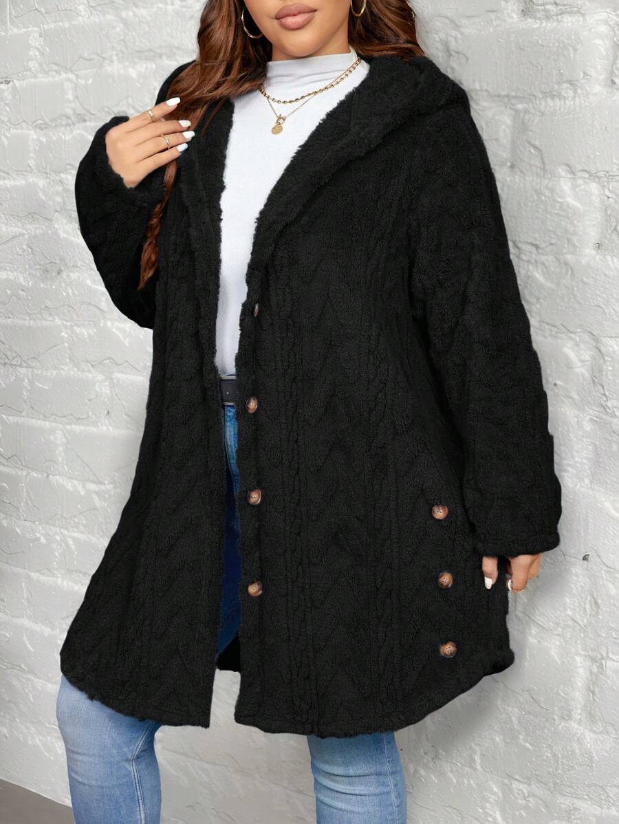 EMERY ROSE Textured Plush Warm Comfortable Button Decorated Hooded Plus Size Jacket Winter Clothes Fall Autumn - Black - View 1