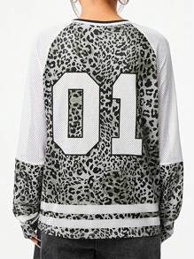 SHEIN EZwear 女士 Y2K 音乐节运动数字印花豹纹宽松平纹针织 T 恤 - 黑與白 - 查看 2