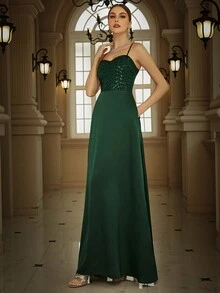 Eilly Bazar Váy dự tiệc sequin cami tương phản thanh lịch, trang trọng, dự tiệc cưới bán trang trọng, sinh nhật, tốt nghiệp, dạ hội - Màu xanh lá cây đậm - Xem 6