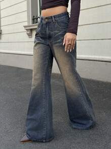 Forever 21 Women Street Fashion Flared Pocket Denim Jeans, Casual Stylish All-Match