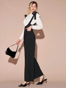 Enchnt 女士纯色宽肩带前系带连体裤，休闲日常穿着 - 黑色 - 查看 3