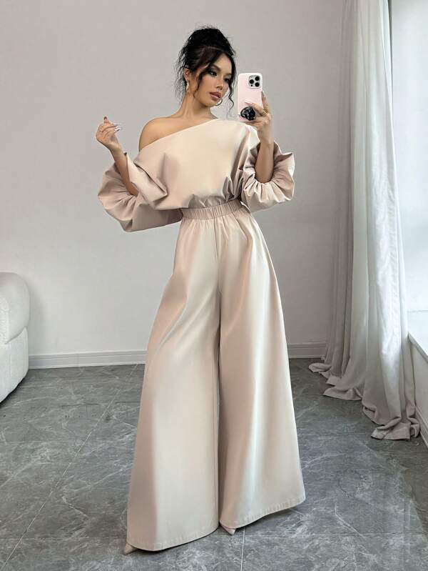 Firerie Conjunto de 2 piezas para mujer compuesto por top asimétrico de unicolor y pantalones con cintura elástica, elegante