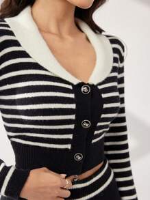 Modelyn Women 2pcs/Set Casual Button Decor Striped Sweater & Pants Set, Autumn/Winter - Black and White - View 8