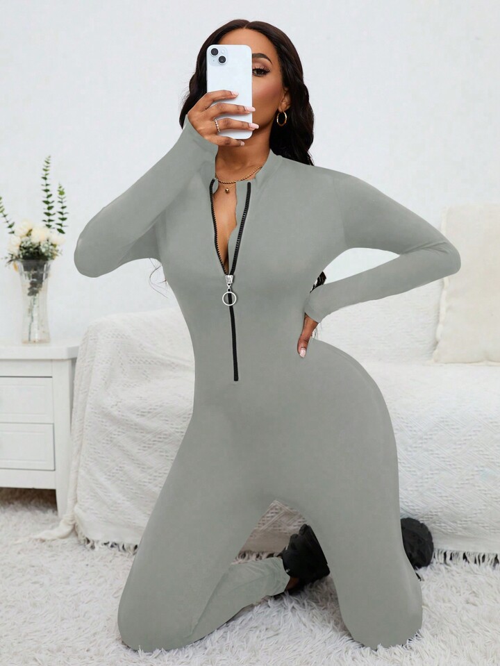 VaVaBold Solid Color Zip Front Long Sleeve Jumpsuit, Casual
